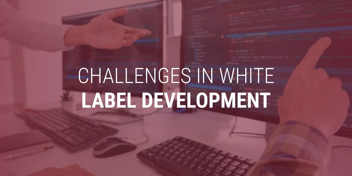Two people discussing code displayed on computer monitors with the text "Challenges in White Label Development" and the Eleventh Tech logo.